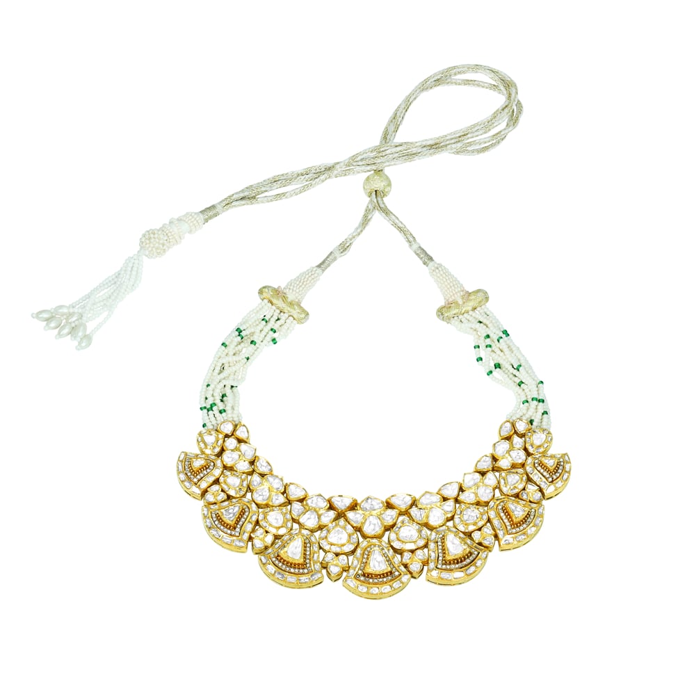 Polki Necklace Set with Fan Motifs and Matching Drops